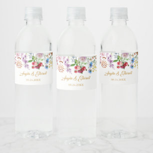 Elegant Watercolor Wild Florals Wedding Water Bottle Label
