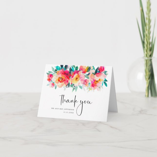 Elegant Watercolor Wild Flowers Botanical Wedding Thank You Card (Front)