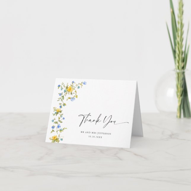 Elegant Watercolor Wild Flowers Botanical Wedding Thank You Card (Front)