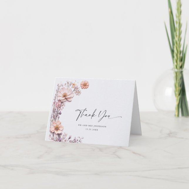 Elegant Watercolor Wild Flowers Botanical Wedding Thank You Card (Front)