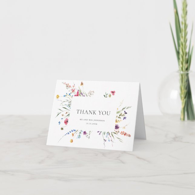Elegant Watercolor Wild Flowers Botanical Wedding Thank You Card (Front)