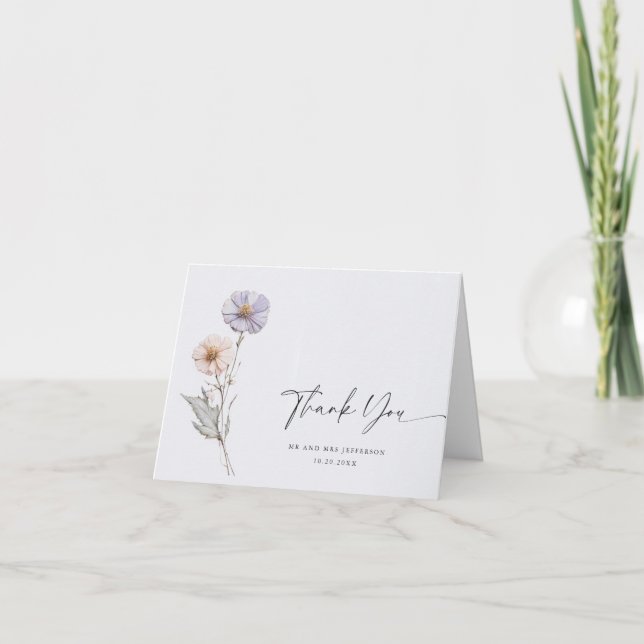 Elegant Watercolor Wild Flowers Botanical Wedding Thank You Card (Front)