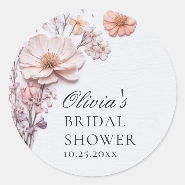 Elegant Watercolor Wild Flowers Bridal Shower Classic Round Sticker (Front)