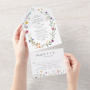 Elegant Watercolor Wild Flowers Floral Wedding All In One Invitation