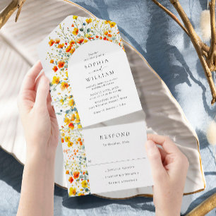 Elegant Watercolor Wild Flowers Floral Wedding All In One Invitation