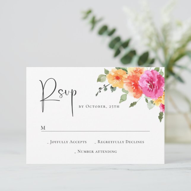 Elegant Watercolor Wild Flowers Floral Wedding RSVP Card (Standing Front)