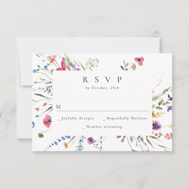 Elegant Watercolor Wild Flowers Floral Wedding RSVP Card (Front)