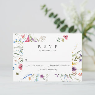 Elegant Watercolor Wild Flowers Floral Wedding RSVP Card