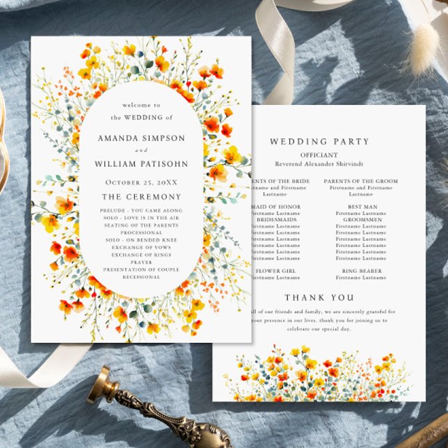 Elegant Watercolor Wild Flowers Wedding Ceremony Program (Creator Uploaded)