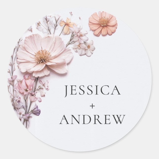 Elegant Watercolor Wild Flowers Wedding Classic Round Sticker (Front)