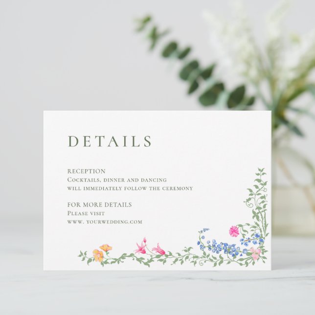 Elegant Watercolor Wild Flowers Wedding Details Enclosure Card (Standing Front)