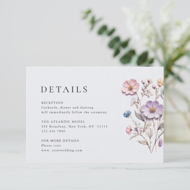 Elegant Watercolor Wild Flowers Wedding Details Enclosure Card (Standing Front)
