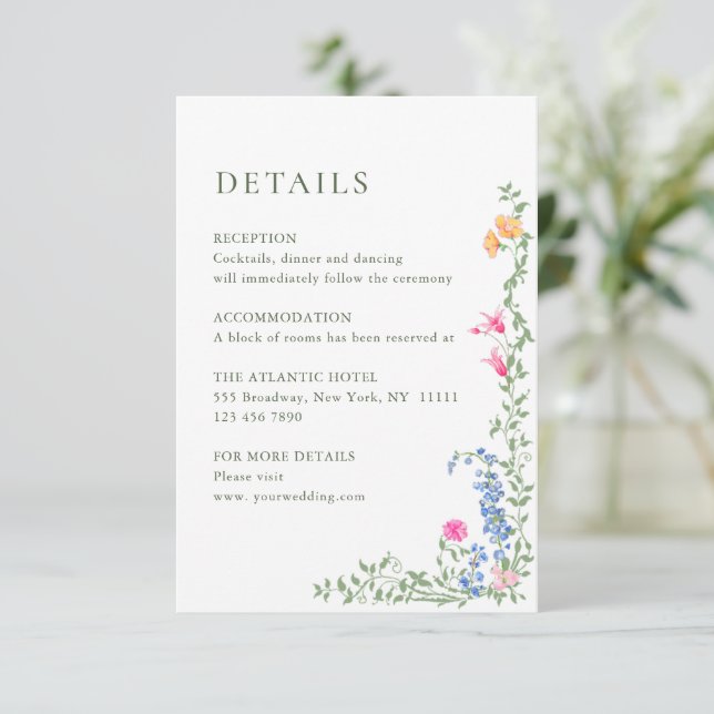 Elegant Watercolor Wild Flowers Wedding Details Enclosure Card (Standing Front)