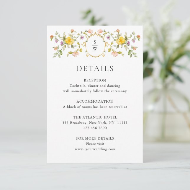 Elegant Watercolor Wild Flowers Wedding Details Enclosure Card (Standing Front)