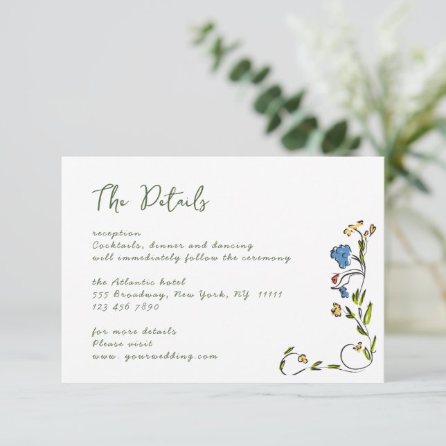 Elegant Watercolor Wild Flowers Wedding Details Enclosure Card (Standing Front)