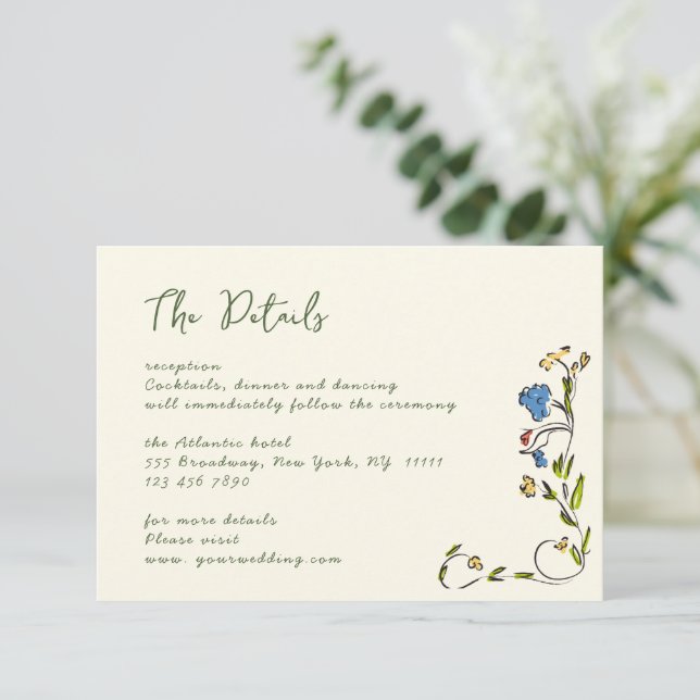 Elegant Watercolor Wild Flowers Wedding Details Enclosure Card (Standing Front)
