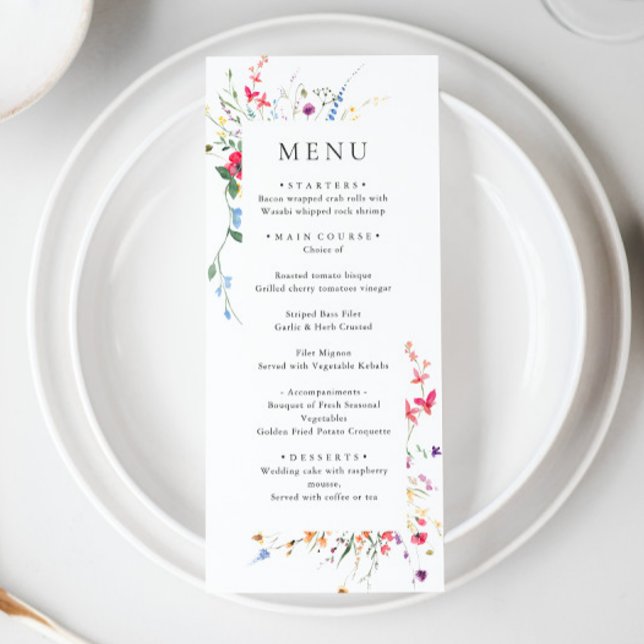 Elegant Watercolor Wild Flowers Wedding Dinner Menu (Creator Uploaded)