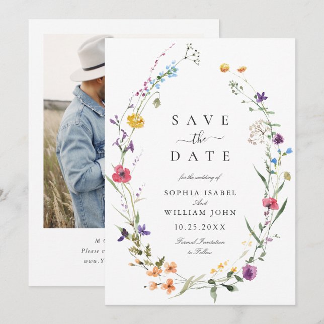 Elegant Watercolor Wild Flowers Wedding Save The Date (Front/Back)