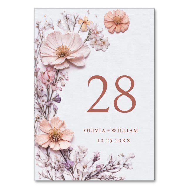 Elegant Watercolor Wild Flowers Wedding Table Number (Front)