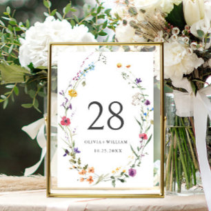 Elegant Watercolor Wild Flowers Wedding Table Number