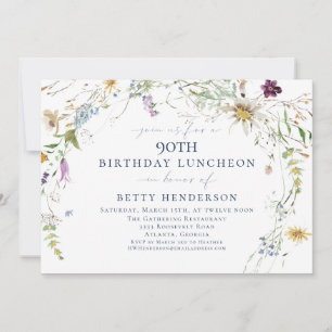 Elegant Watercolor Wildflower 90th Birthday Invitation