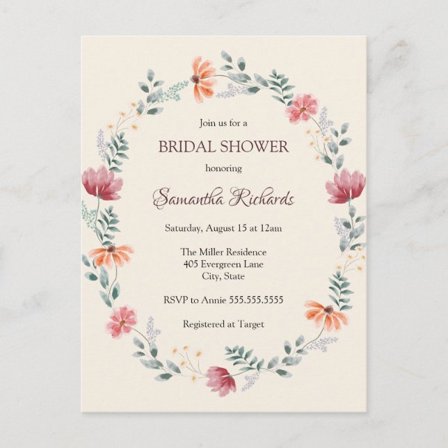 Elegant  watercolor wildflower bridal shower  postcard (Front)