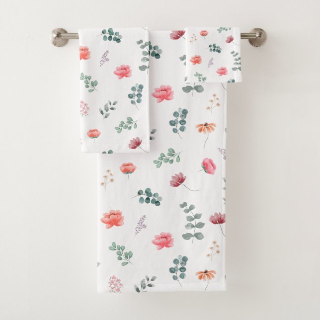 Elegant watercolor wildflower eucalyptus bath towel set (Insitu)