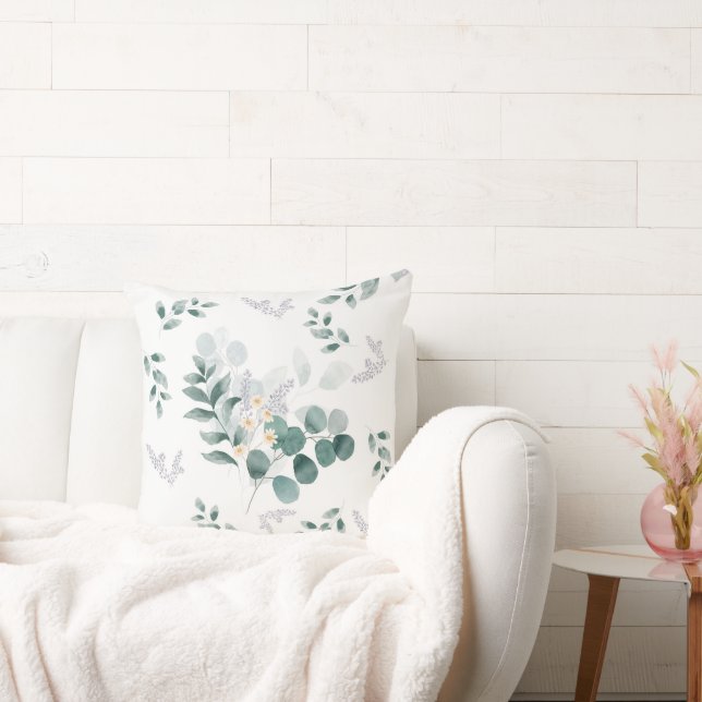 Elegant watercolor wildflower eucalyptus leaves cushion (Couch)