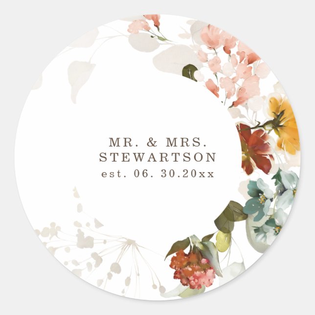 Elegant Watercolor Wildflower Garden Classic Round Sticker (Front)