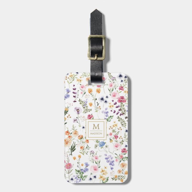 Elegant Watercolor Wildflower Garden Monogram Luggage Tag (Front Vertical)