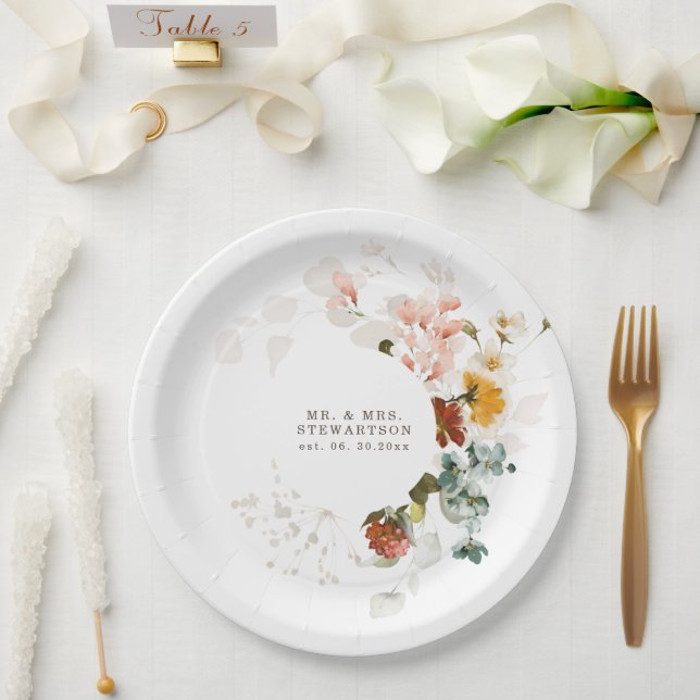 Elegant Watercolor Wildflower Garden Wedding Paper Plate (Wedding)