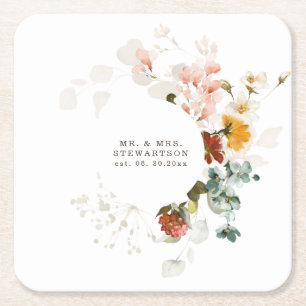 Elegant Watercolor Wildflower Garden Wedding  Square Paper Coaster