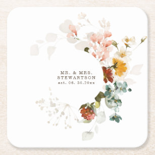 Elegant Watercolor Wildflower Garden Wedding  Square Paper Coaster