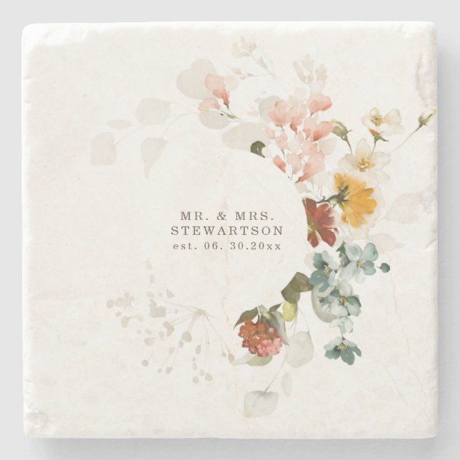 Elegant Watercolor Wildflower Garden Wedding  Stone Coaster (Front)