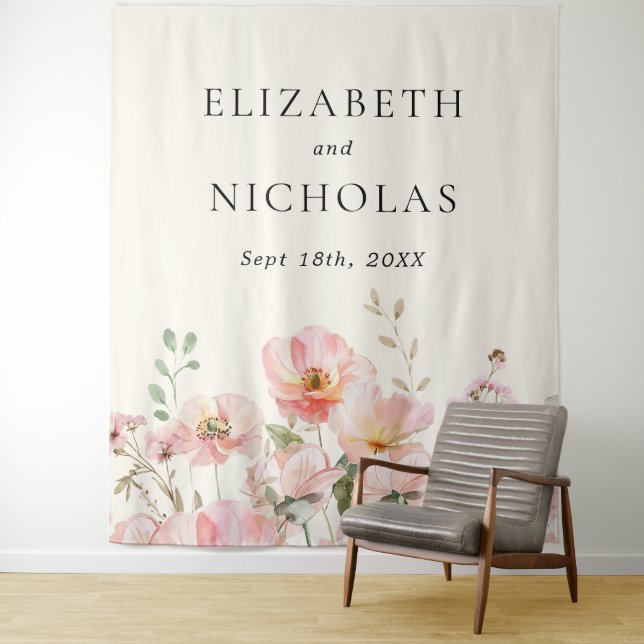 Elegant Watercolor Wildflower Garden Wedding Tapestry (In Situ)