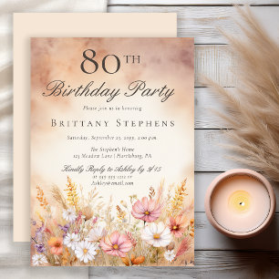 Elegant Watercolor Wildflower Meadow 80th Birthday Invitation