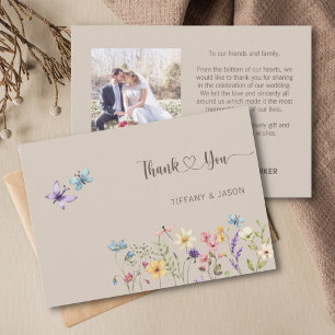 Elegant Watercolor Wildflower Photo Wedding Thank You Card