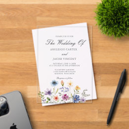 Elegant Watercolor Wildflower Spring Wedding Acrylic Invitations