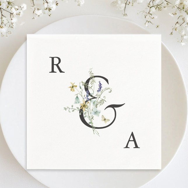Elegant Watercolor Wildflower Wedding Monogram  Napkin (Creator Uploaded)