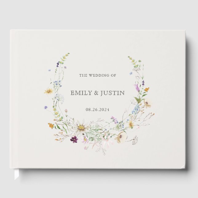 Elegant Watercolor Wildflower Wreath Beige Wedding Guest Book (Front)