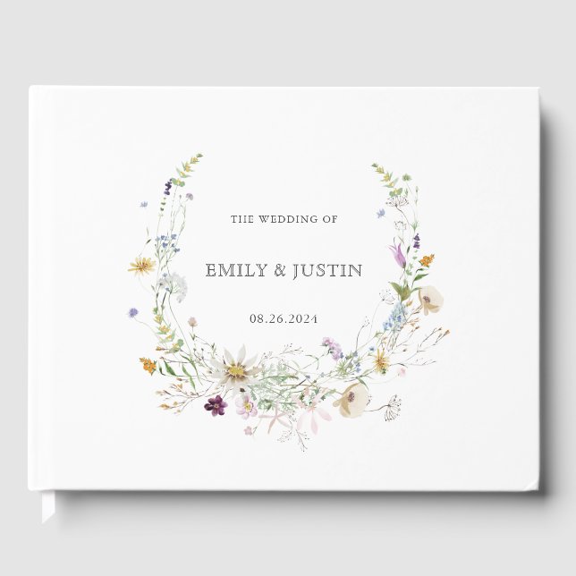 Elegant Watercolor Wildflower Wreath White Wedding Guest Book (Front)