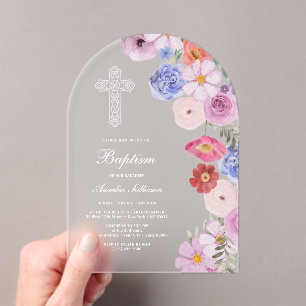 Elegant Watercolor Wildflowers Arch Baptism Acrylic Invitations