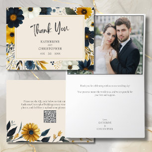 Elegant Watercolor Wildflowers Beige Wedding Photo Thank You Card