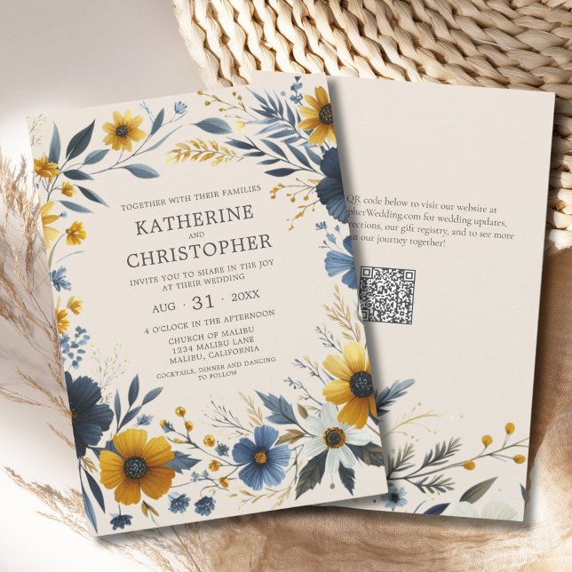 Elegant Watercolor Wildflowers Floral Wedding Invitation (Elegant Watercolor Wildflowers Floral Wedding Invitation with Blue and Yellow Wildflowers, QR Code.)