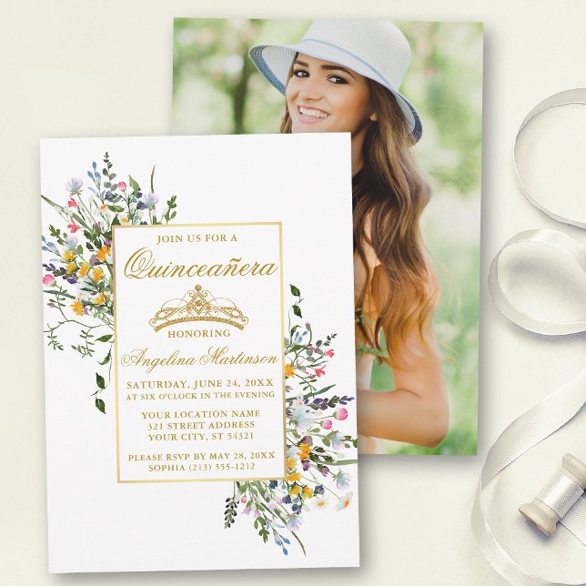 Elegant Watercolor Wildflowers Photo Quinceanera Invitation (Customize to change text size, color or text style.)