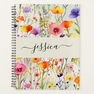Elegant watercolor wildflowers script name planner