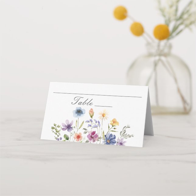 Elegant Watercolor Wildflowers Spring Wedding Place Card (Front)