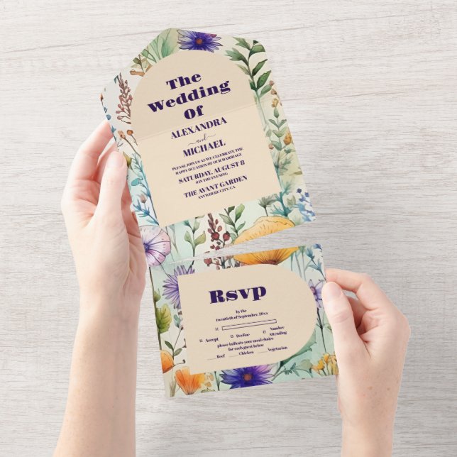 Elegant Watercolor  Wildflowers Wedding All In One Invitation (Tearaway)