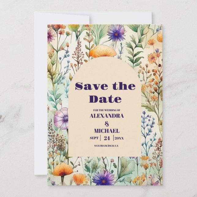 Elegant Watercolor  Wildflowers Wedding Save The Date (Front)