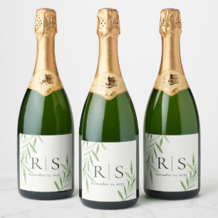 Elegant Watercolor Willow Botanical Monogram Sparkling Wine Label